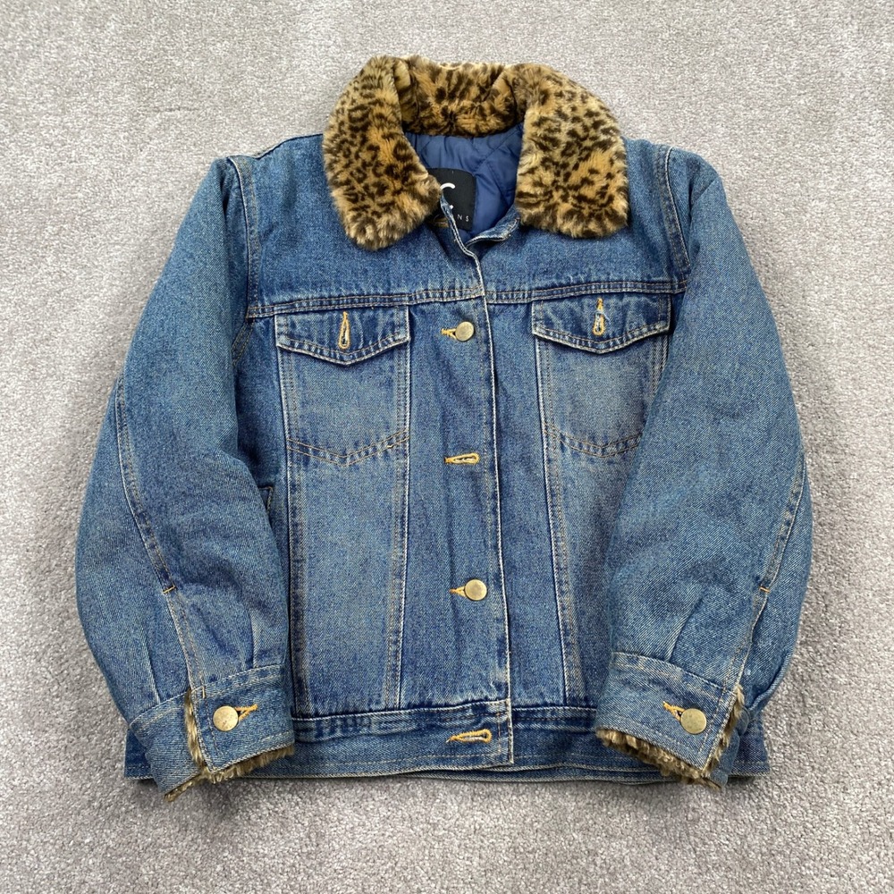 Kids Denim Jacket KC Collections Size‎ M Blue Leopard Print Trim Button Front